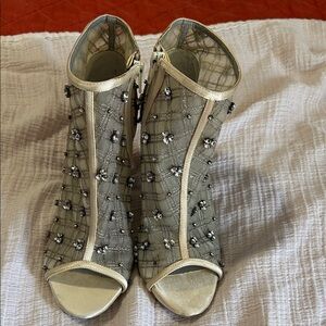 Vera Wang Cream Mesh Embellished Peep-Toe Booties Zip Up from Davids Bridal
